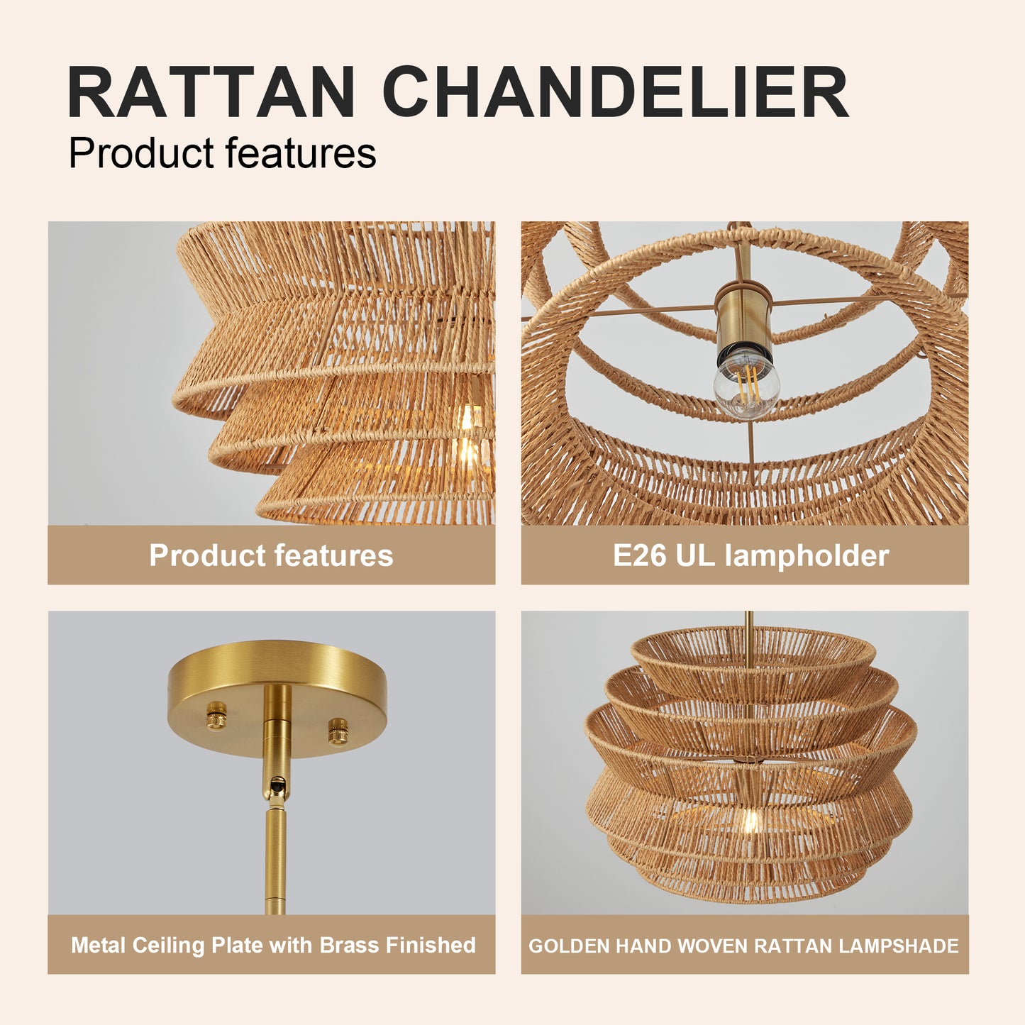 17.3-Inch Hand-Woven Rattan Pendant Light for Dining & Living Room - Rustic Coastal Ceiling Chandelier