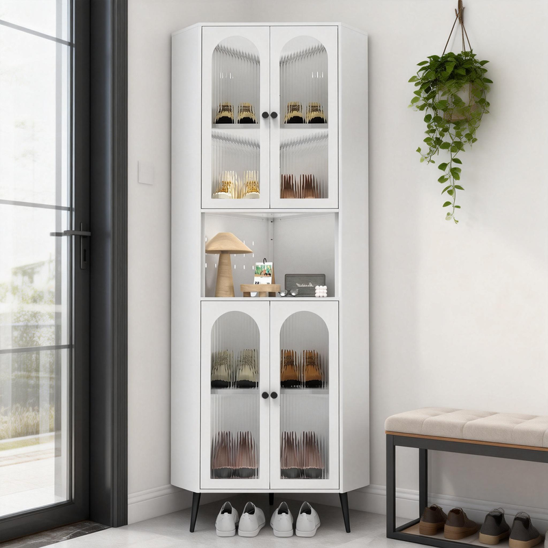 73in White Metal Corner Storage Cabinet with Adjustable Shelves