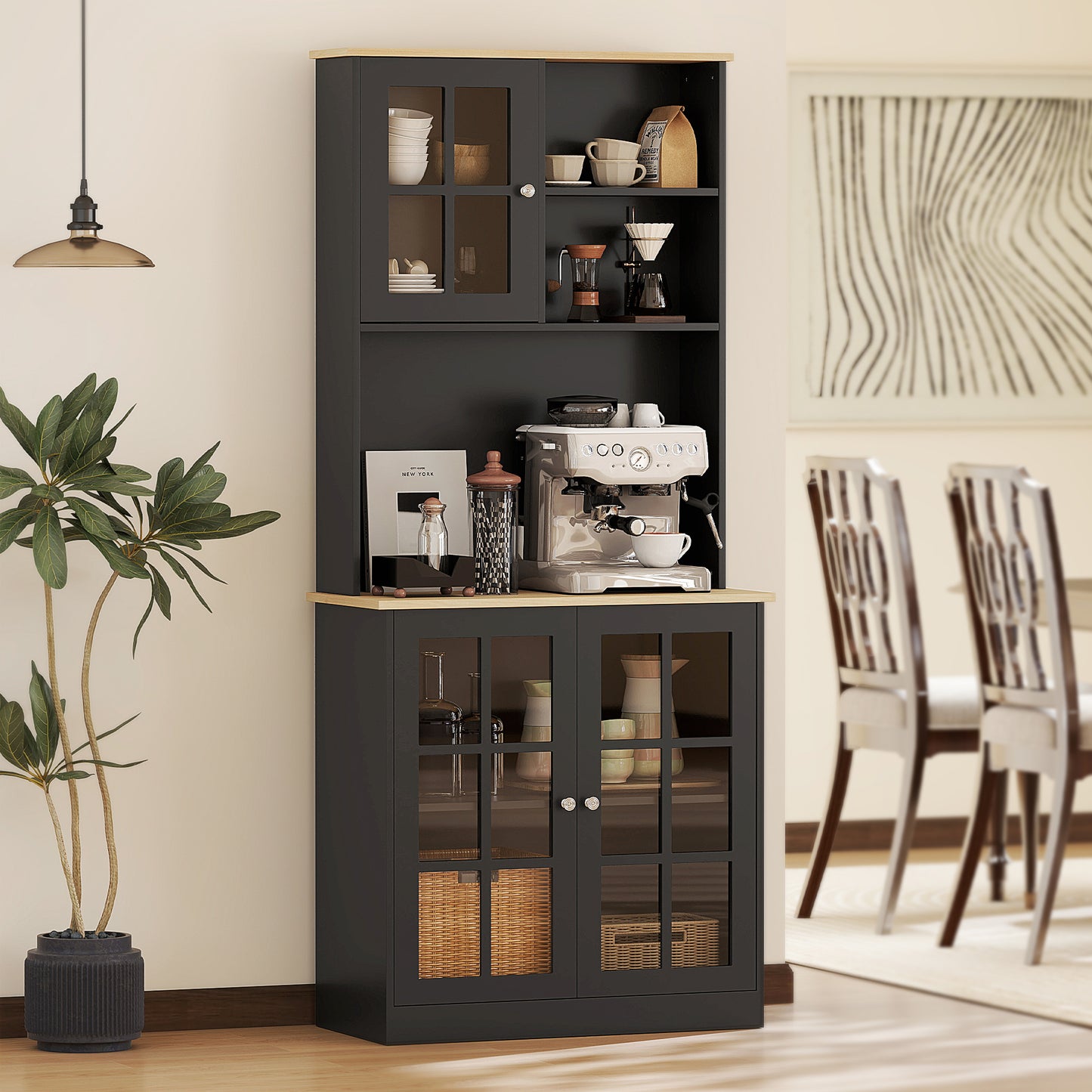 Kitchen Pantry Storage Cabinet, 72" Freestanding Cabinet with Hutch,