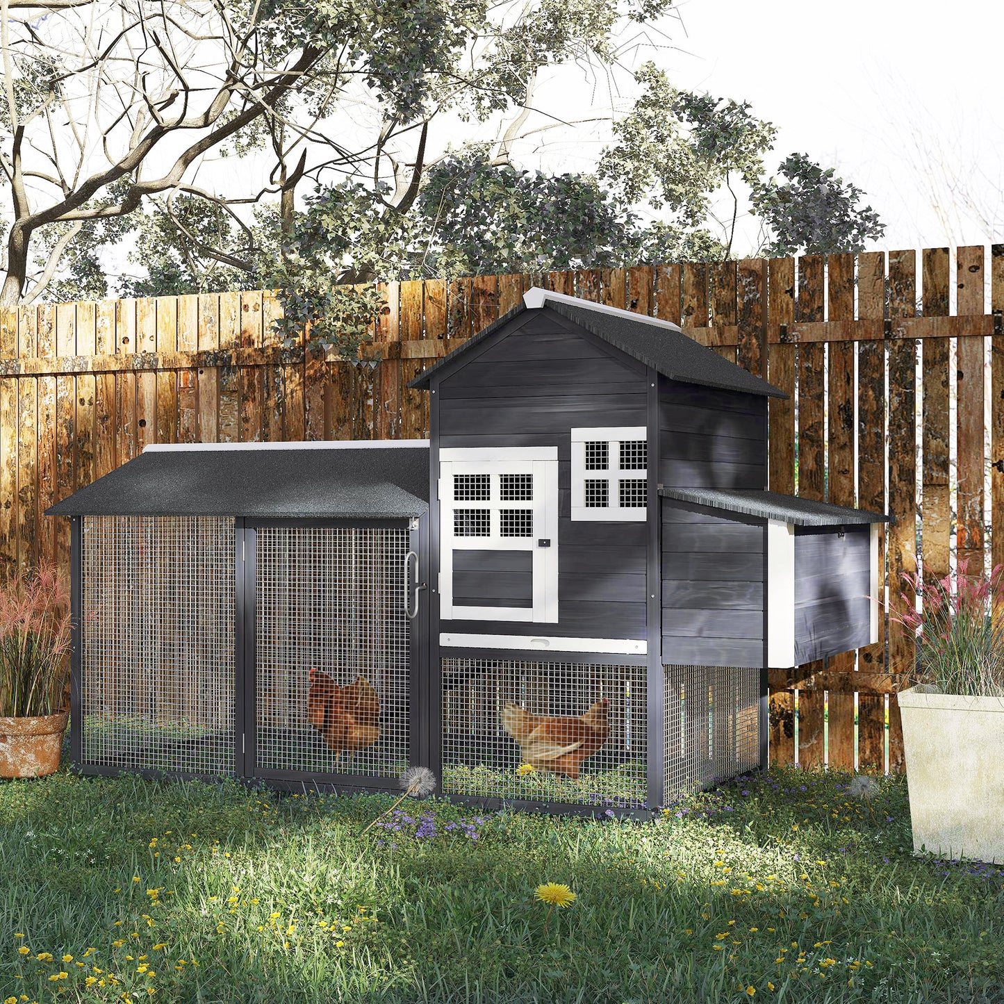 84-Inch Wooden Chicken Coop with Run and Nesting Box - Gray Outdoor Poultry House