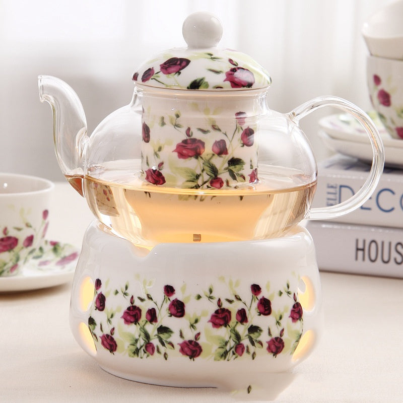European Glass Fruit Tea Teapot with Candle Heating - Bone China, Heat-Resistant