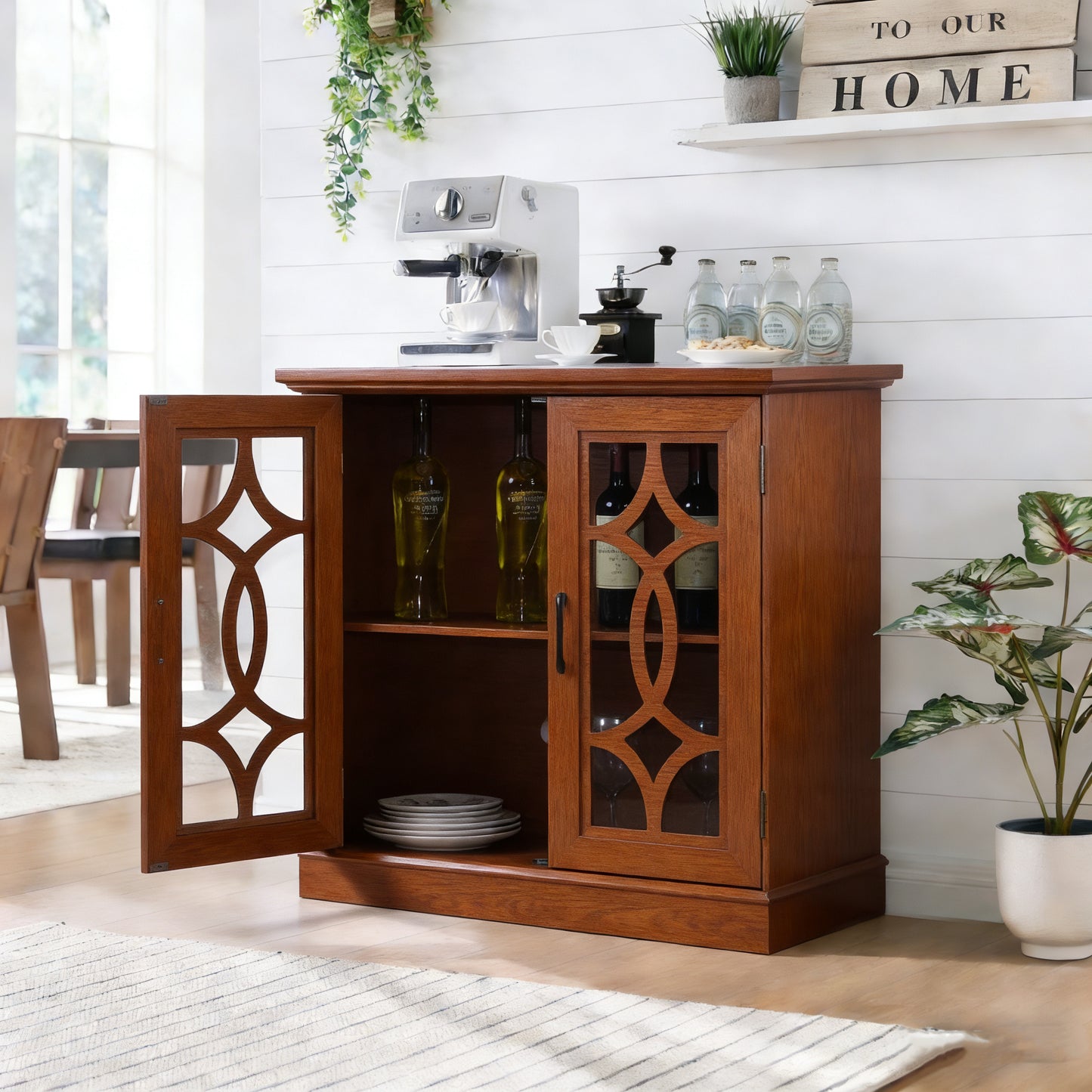 34.37X 15.55X 34.06in Spacious Size Sideboard 2 Clear Tempered Glass