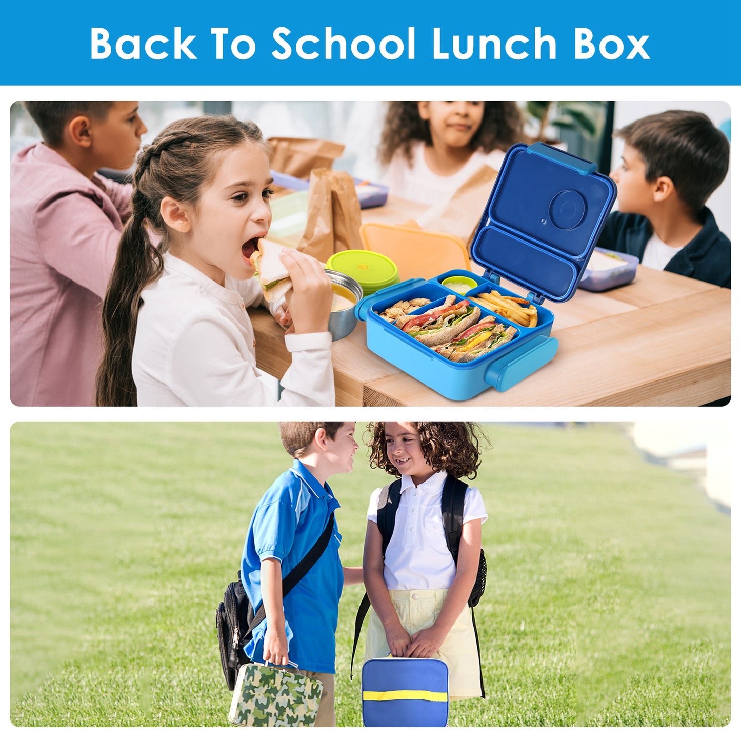 Kids Insulated Lunch Box Set with Storage Bag & Utensils - Blue