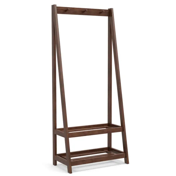 Solid Rubber Wood Freestanding Coat Rack with Shelves & Hooks