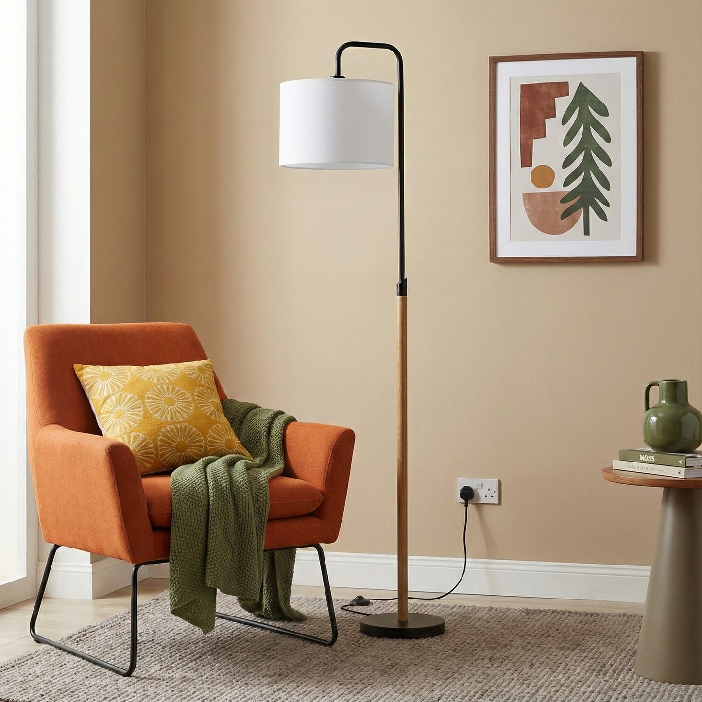 Floor Lamp With Cylinder Shade, Curved Standing Light For Living