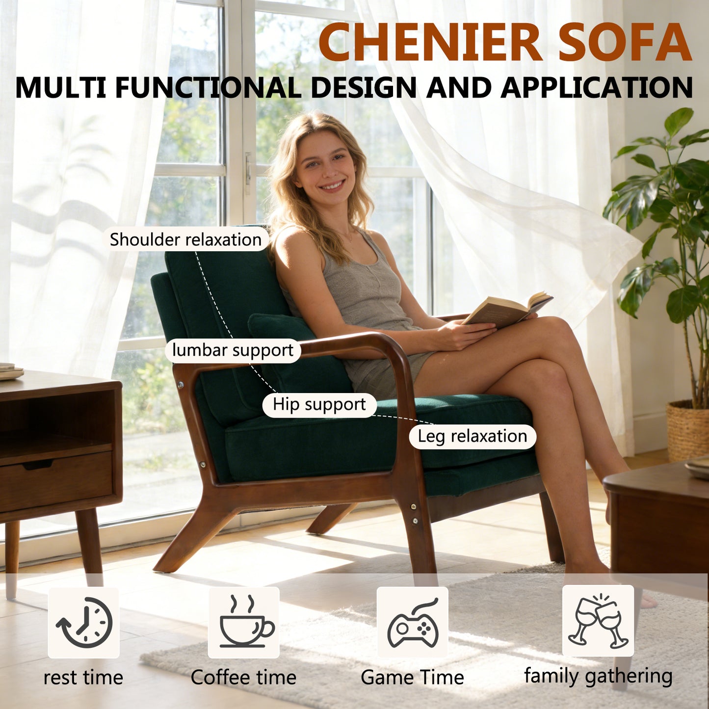 Mid-Century Modern Lounge Chair - Dark Green Upholstered Accent Chair