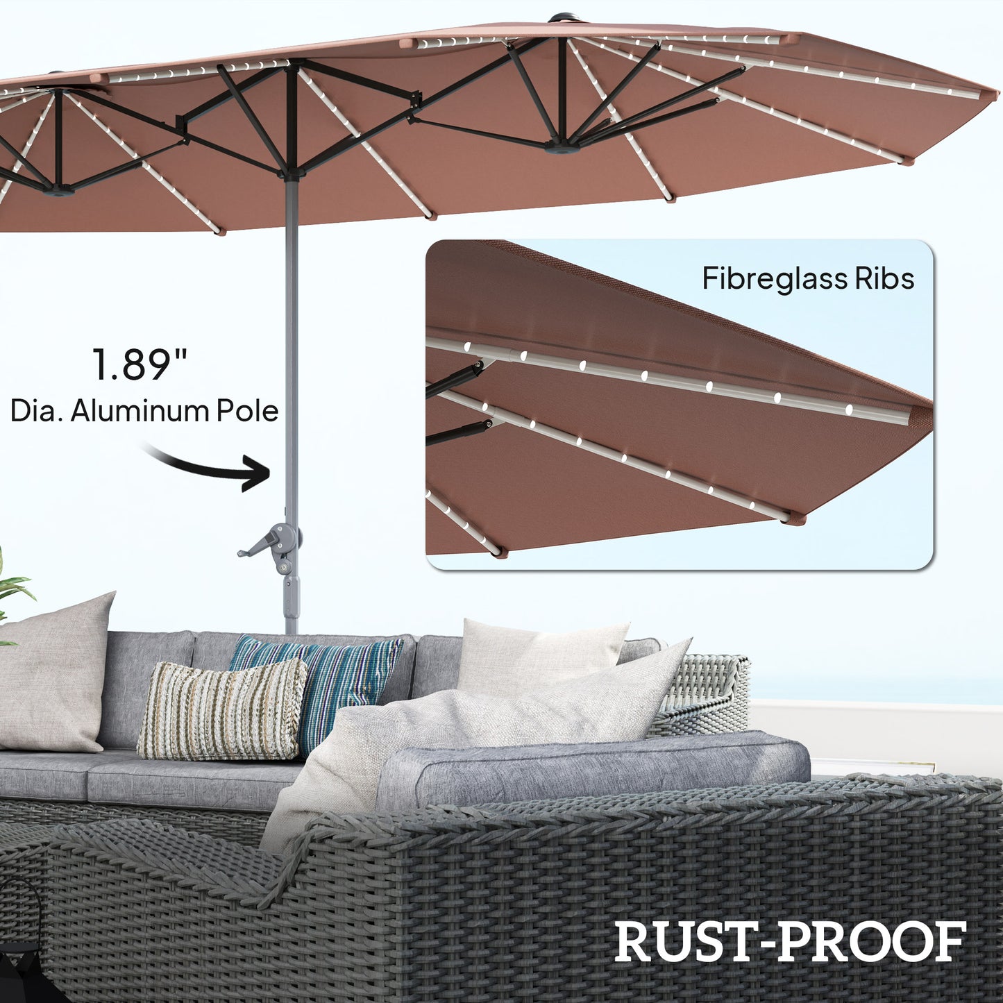 15ft Double-Sided Solar Patio Umbrella with Crank - Tan