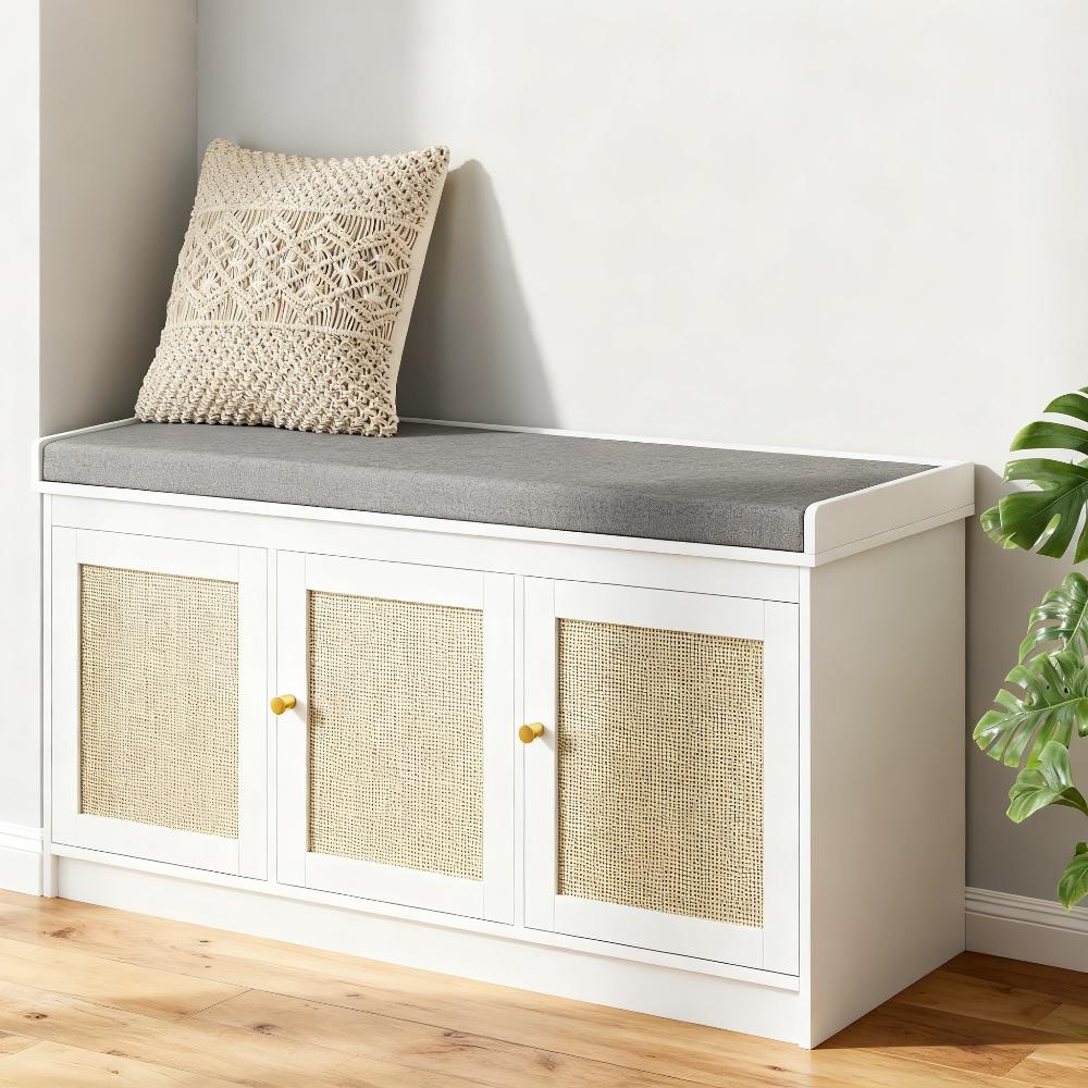 Shoe Storage Bench with Woven Rattan Doors & Cushion - Gray White