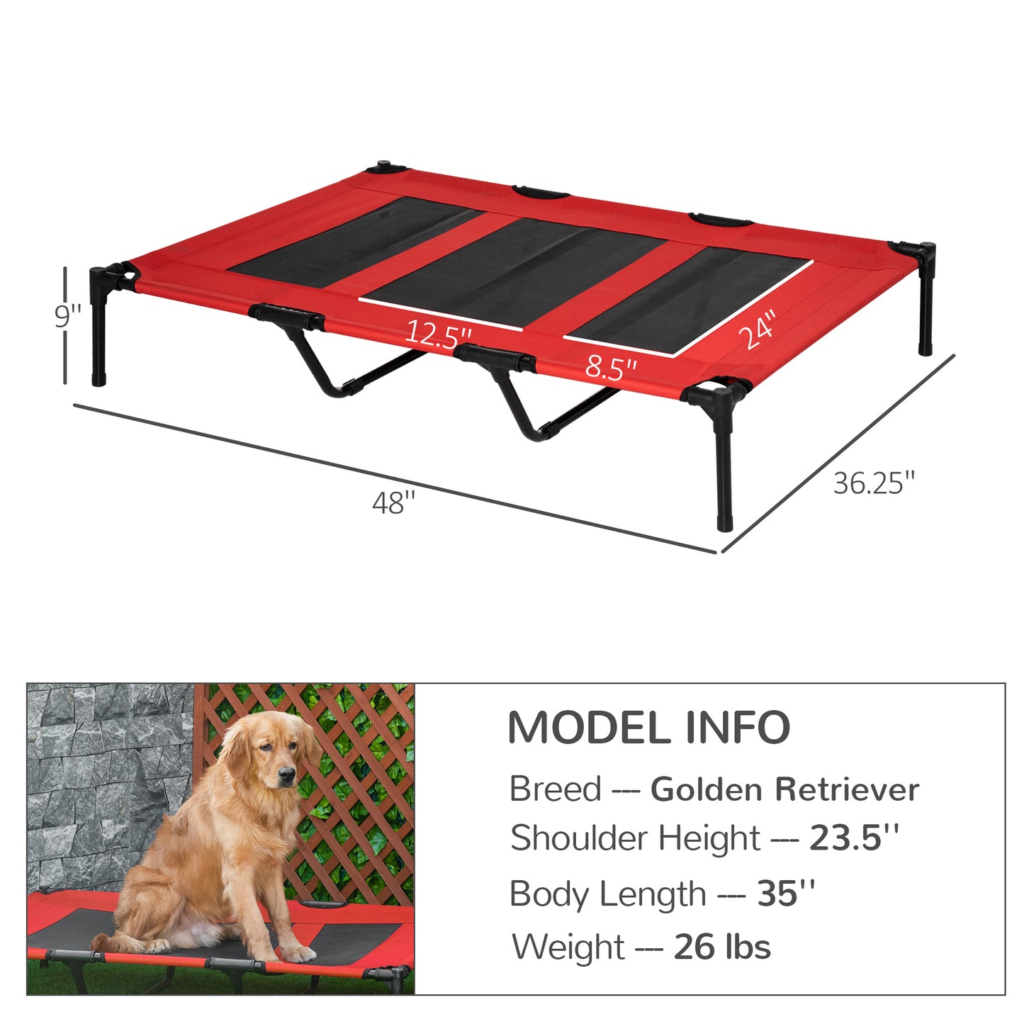 Elevated Outdoor Dog Bed with Metal Frame and Breathable Mesh - Red, 930x250x80mm