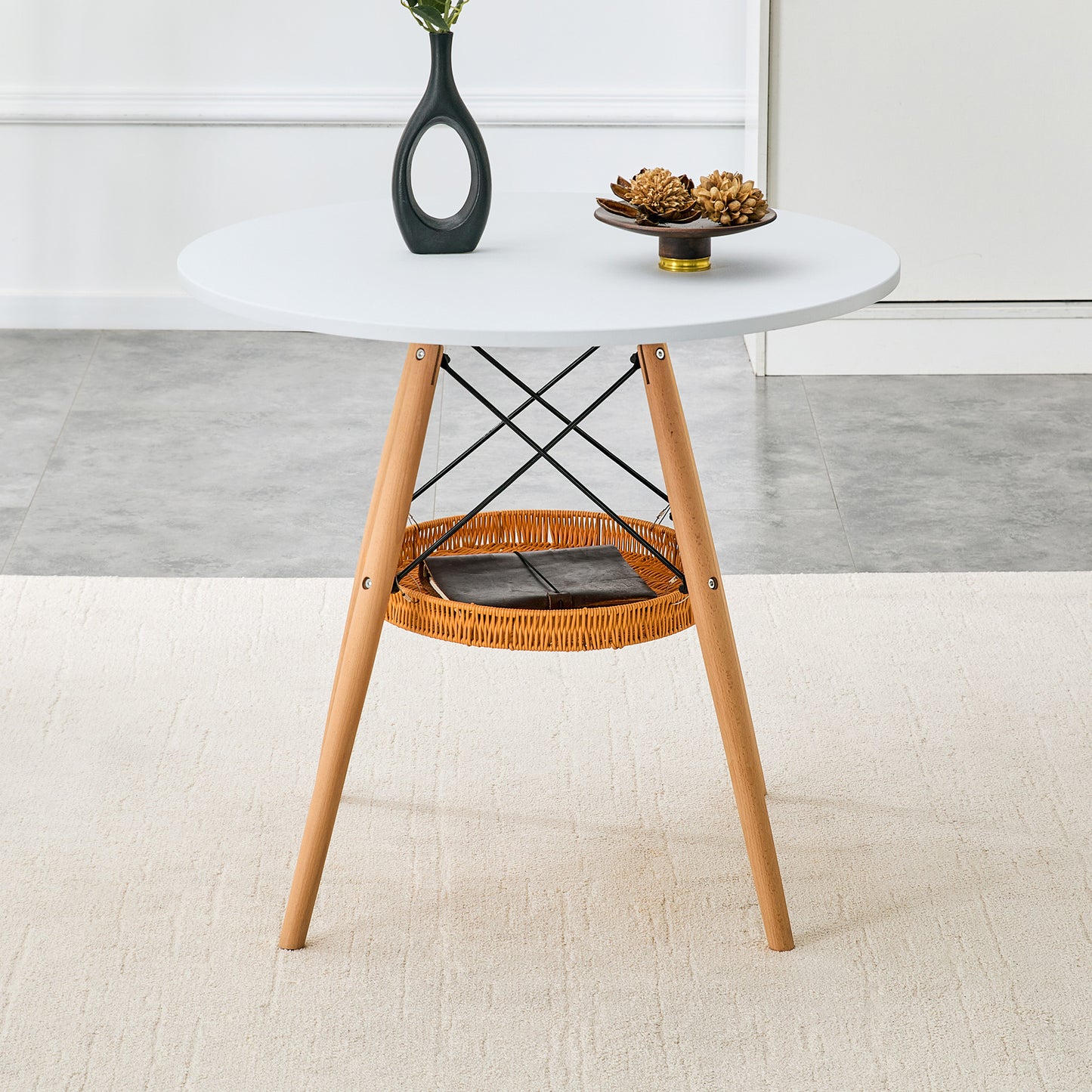 31.5-Inch Circular Dining Table with Woven Storage Basket - White