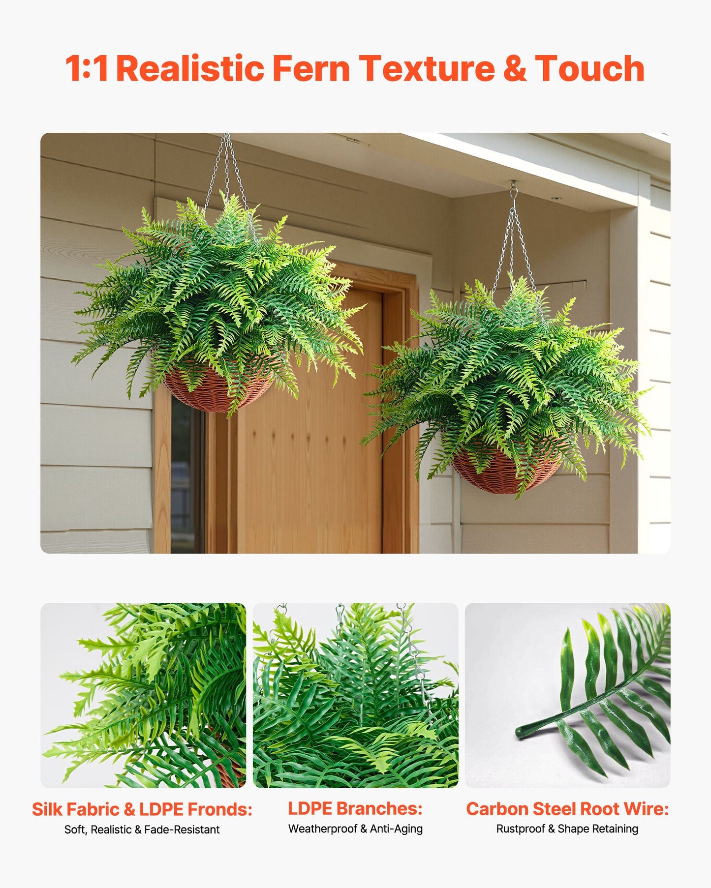 Artificial Ferns Hanging Plants Set - Faux Greenery for Indoor & Outdoor Decor, 26 Inch Tall, Black Variant
