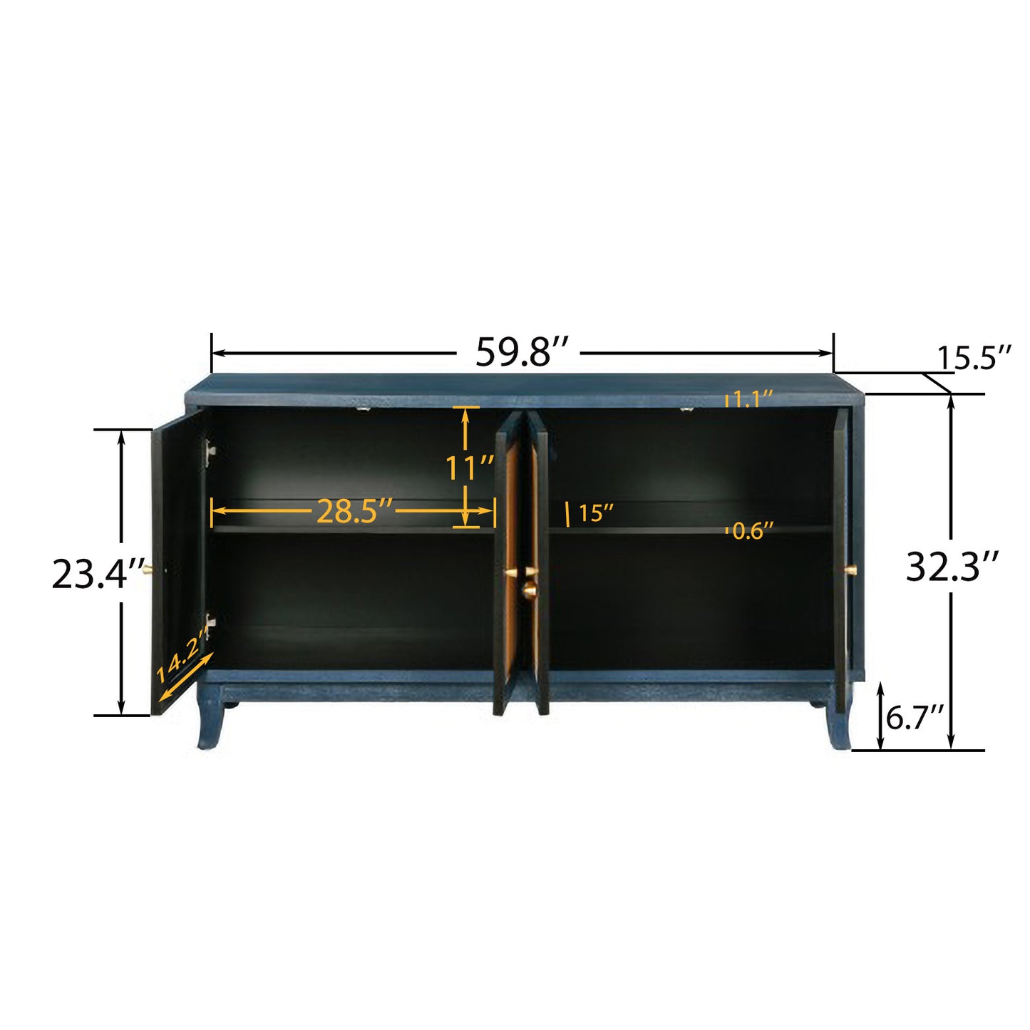Rattan Sideboard Cabinet with 4 Doors - Antique Navy Blue