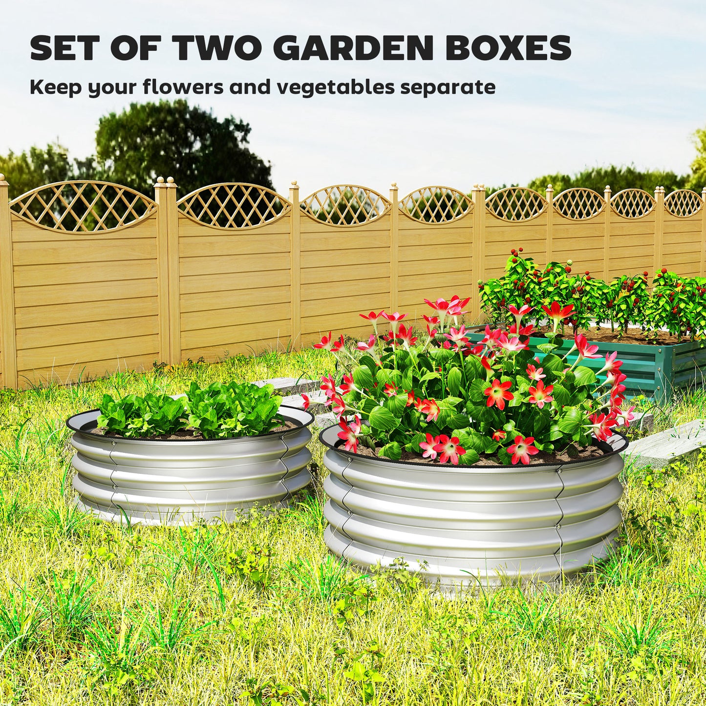 Set of 2 Metal Raised Garden Beds with Safety Edging - Easy Assembly, Silver 485x380x145mm