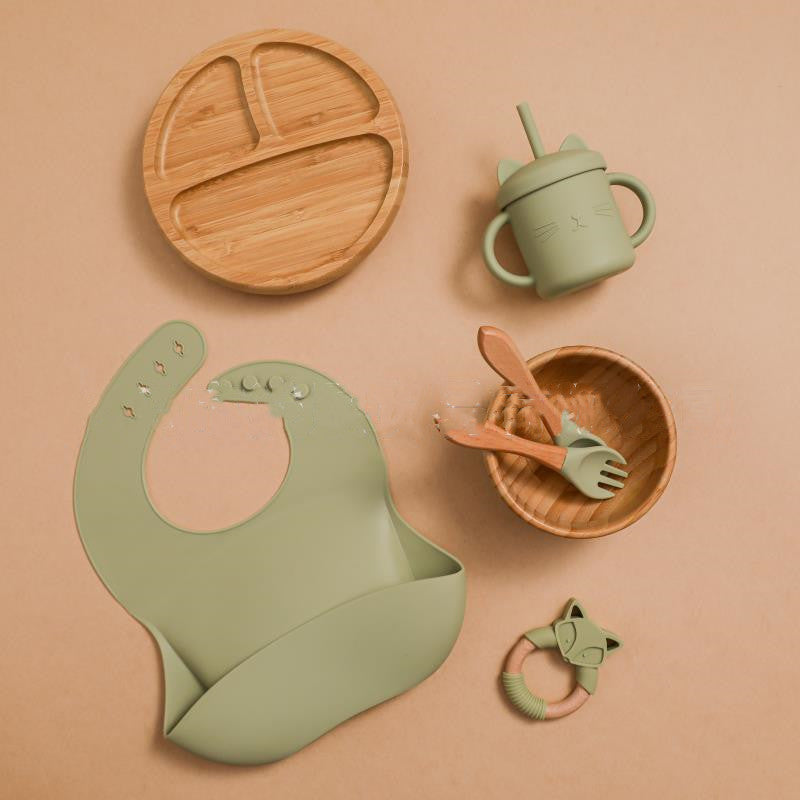 Baby Food Tableware Set Silicone Bib Plate Straw Cup Fork Spoon Kids Dining Kit