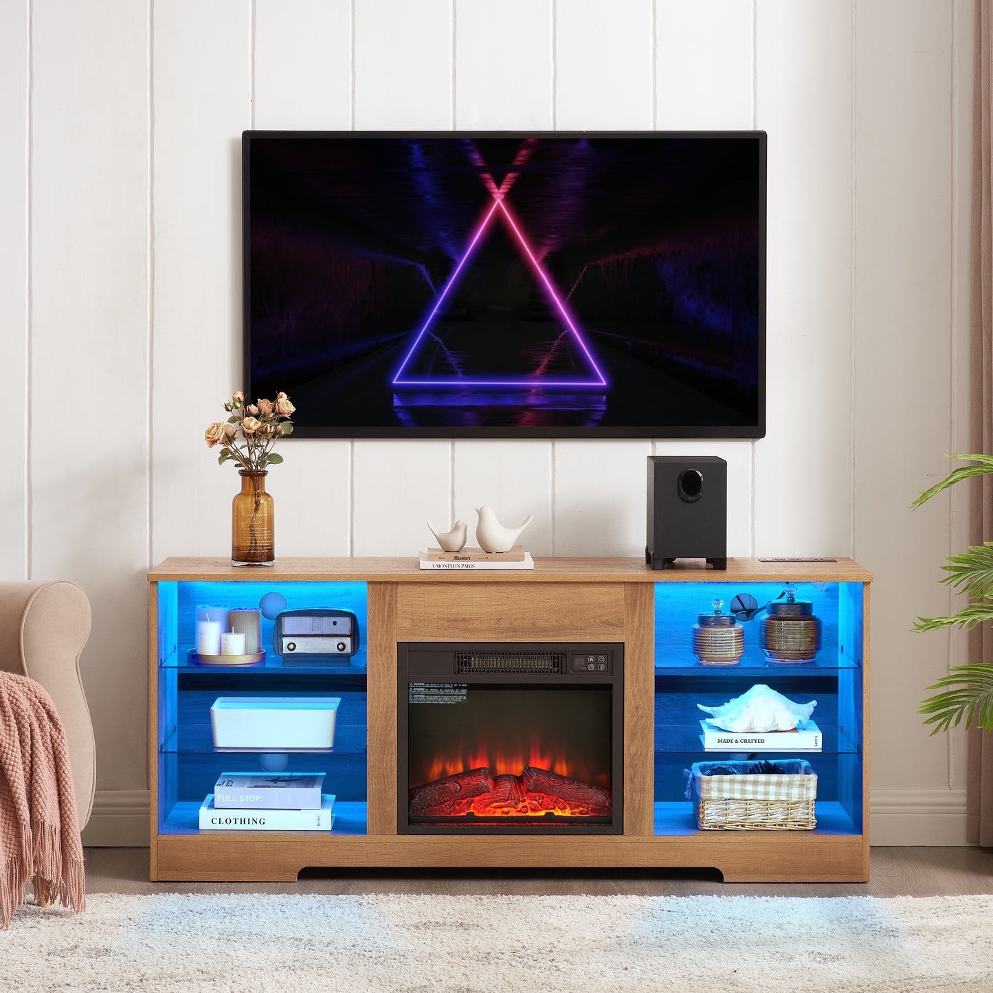 TV Stand Electric Fireplace With Glass Shelves, 3D LED Lights Wood