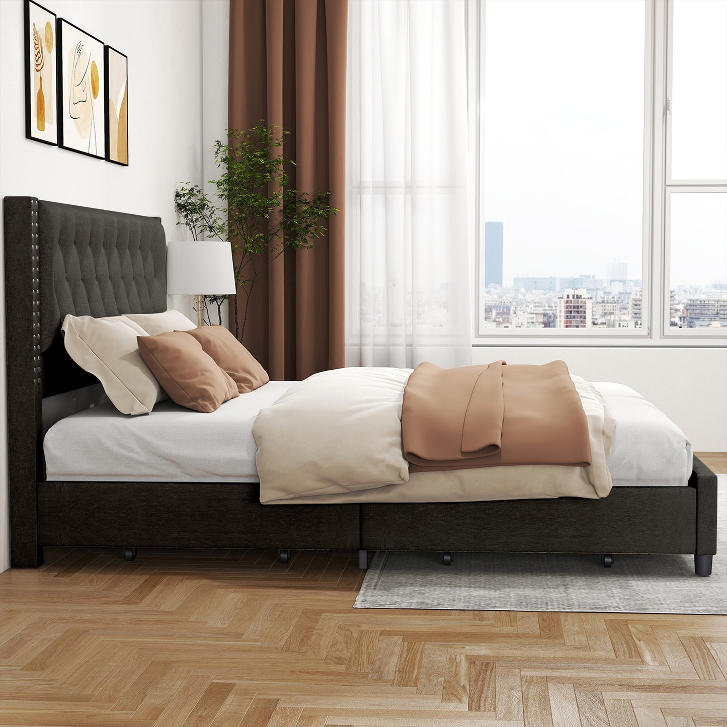 King Size Upholstered Bed Frame with Storage Drawers - Velvet Headboard