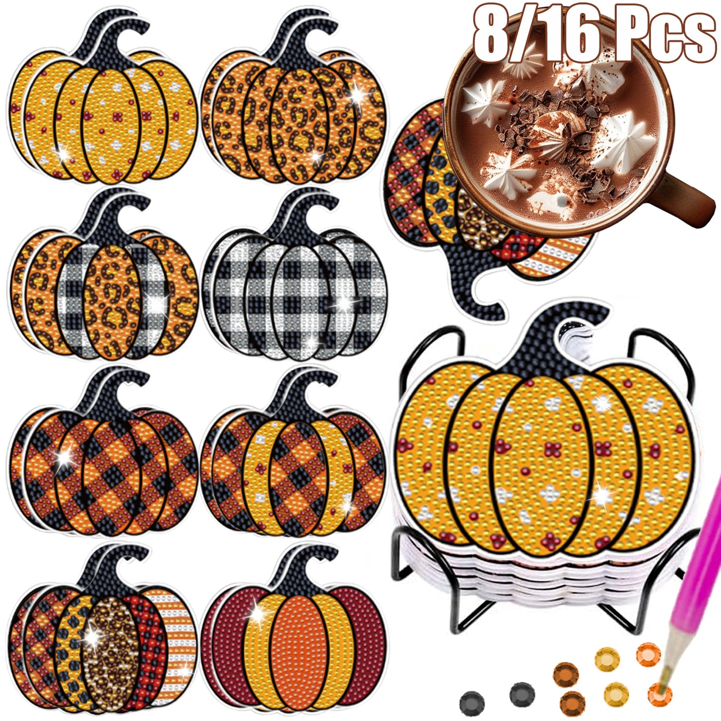 8-Piece Fall Pumpkin Coaster Set - Multi-Color Acrylic