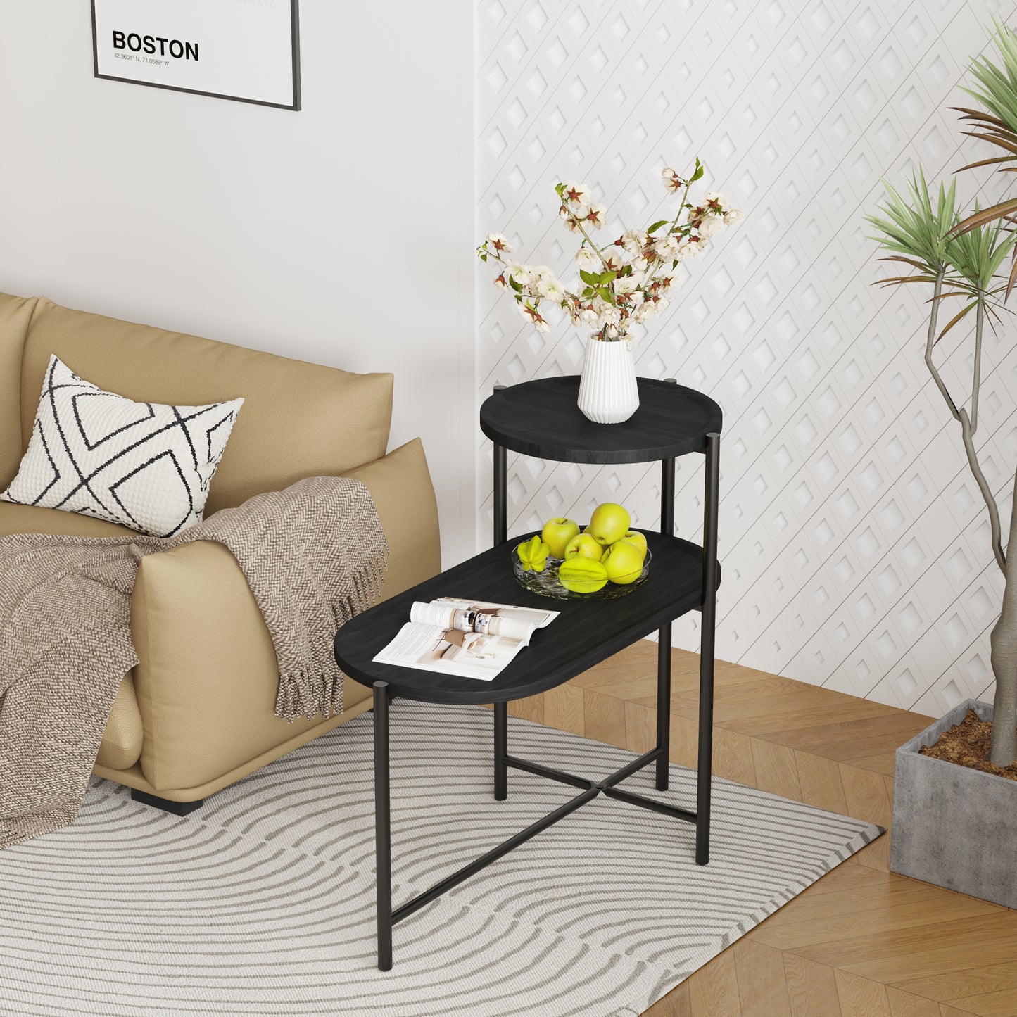 Round Coffee Table with Storage Tray - 2 Tier Black End Table