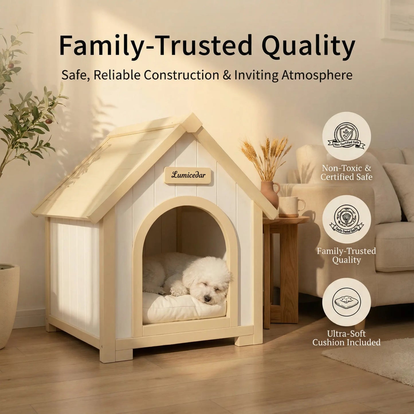 Indoor Wooden Dog House with EVA Cushion - Small Pet Shelter in Creamy White