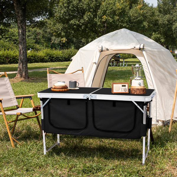 Portable 4ft Folding Camping Table with Storage Compartments - Black