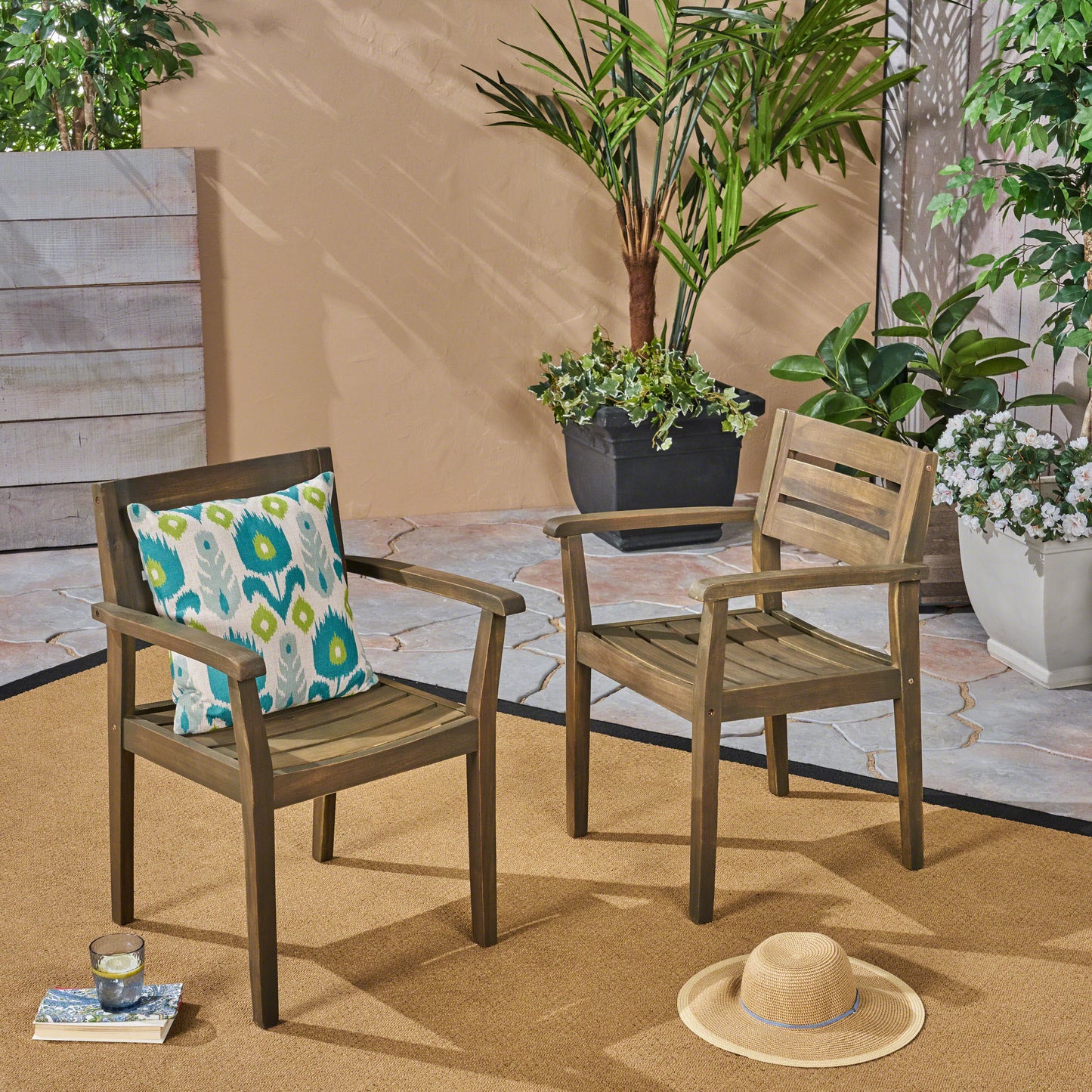 Acacia Wood Dining Chairs Set of 2 - Grey Outdoor Armchairs
