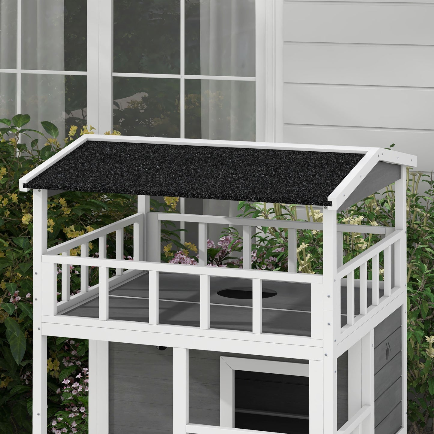 Outdoor Wooden Cat House with Asphalt Roof, Escape Doors & Jumping Platform