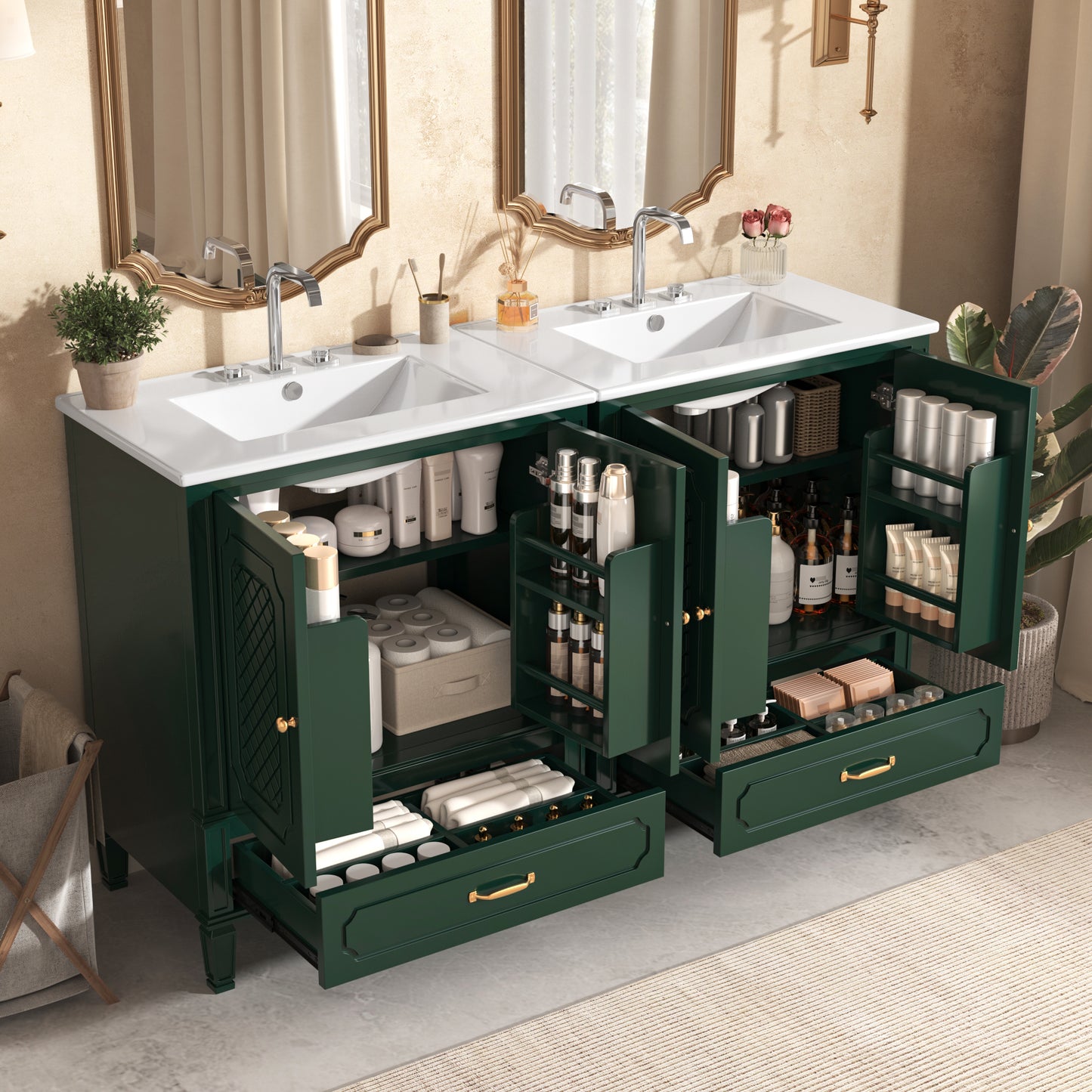 60" Double Sink Bathroom Vanity Combo Set - Green