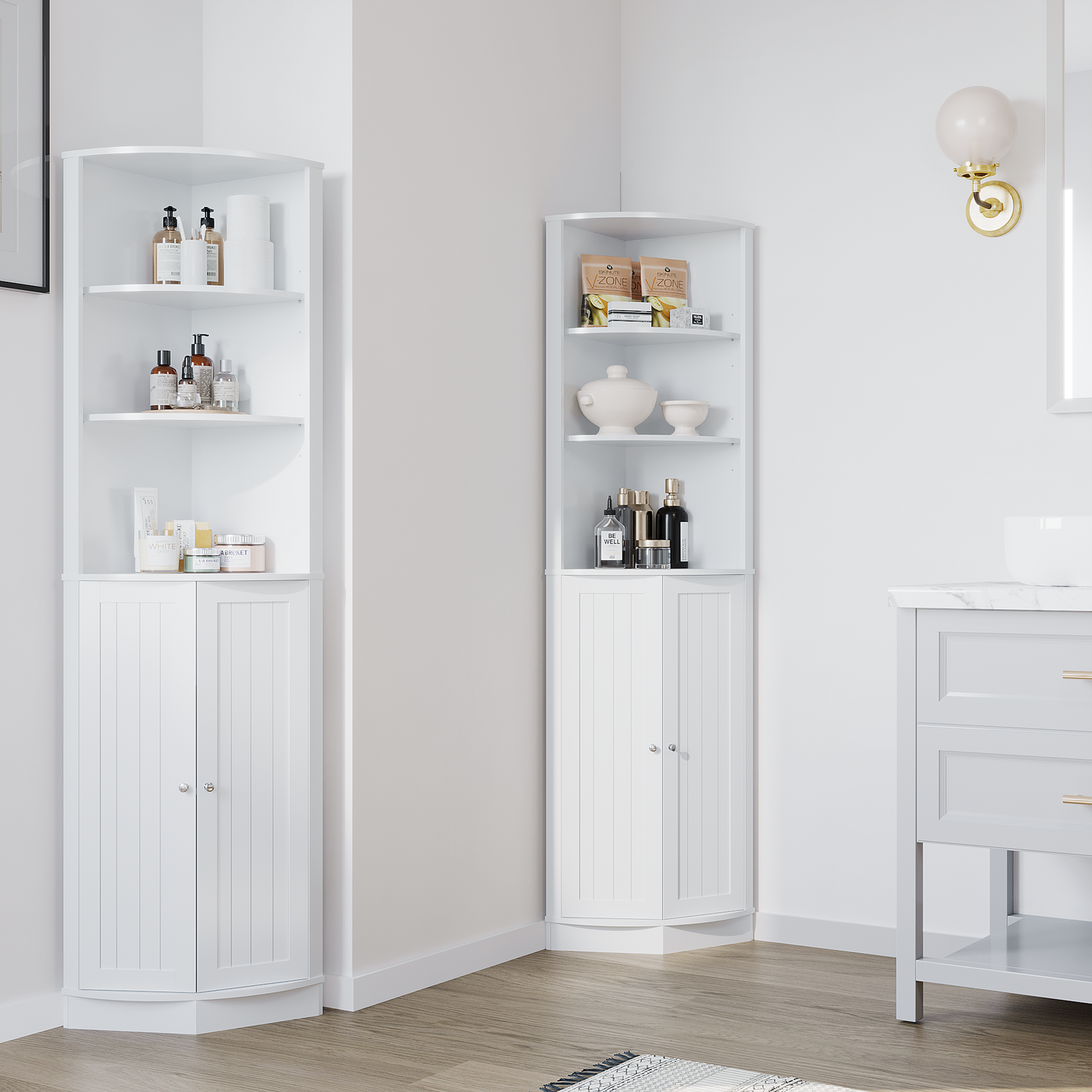 67" Tall Corner Cabinet with 2 Doors and Adjustable Shelves - White