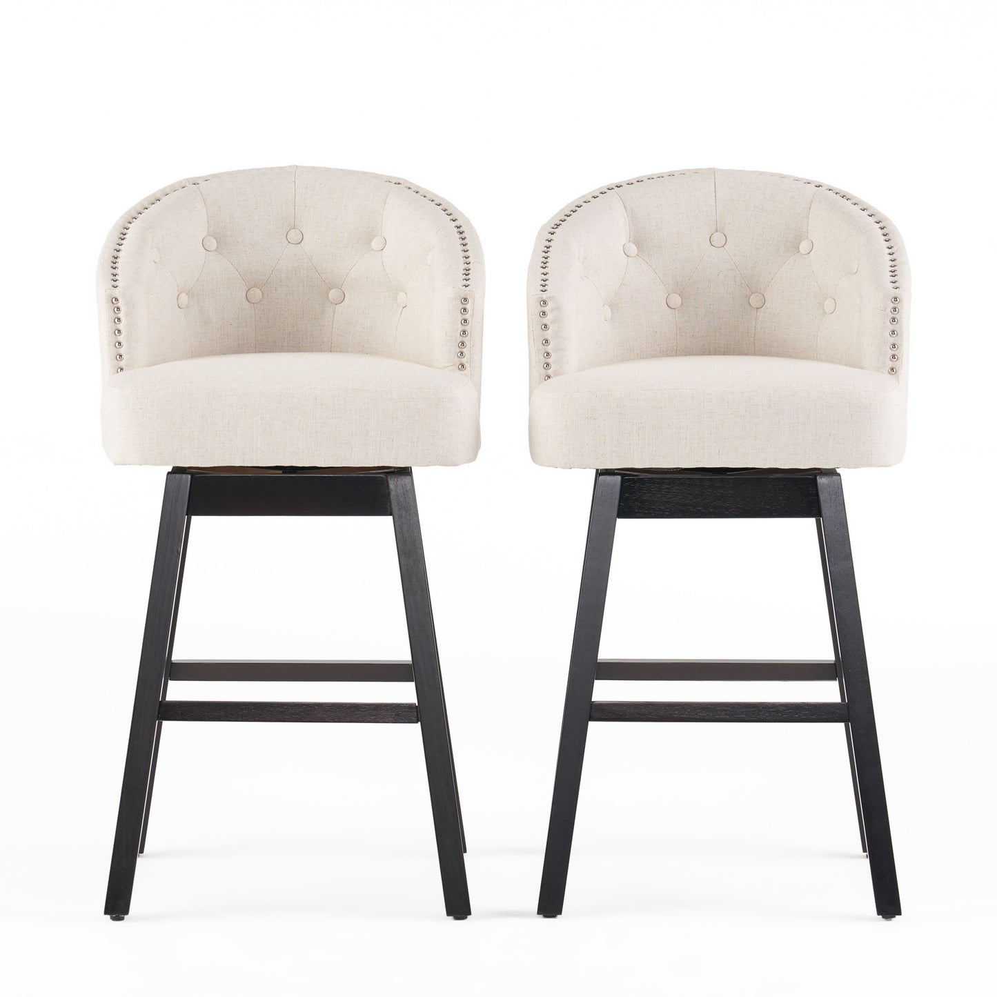 360-Degree Swivel Bar Stool Set of 2 with Nailhead Trim - Beige