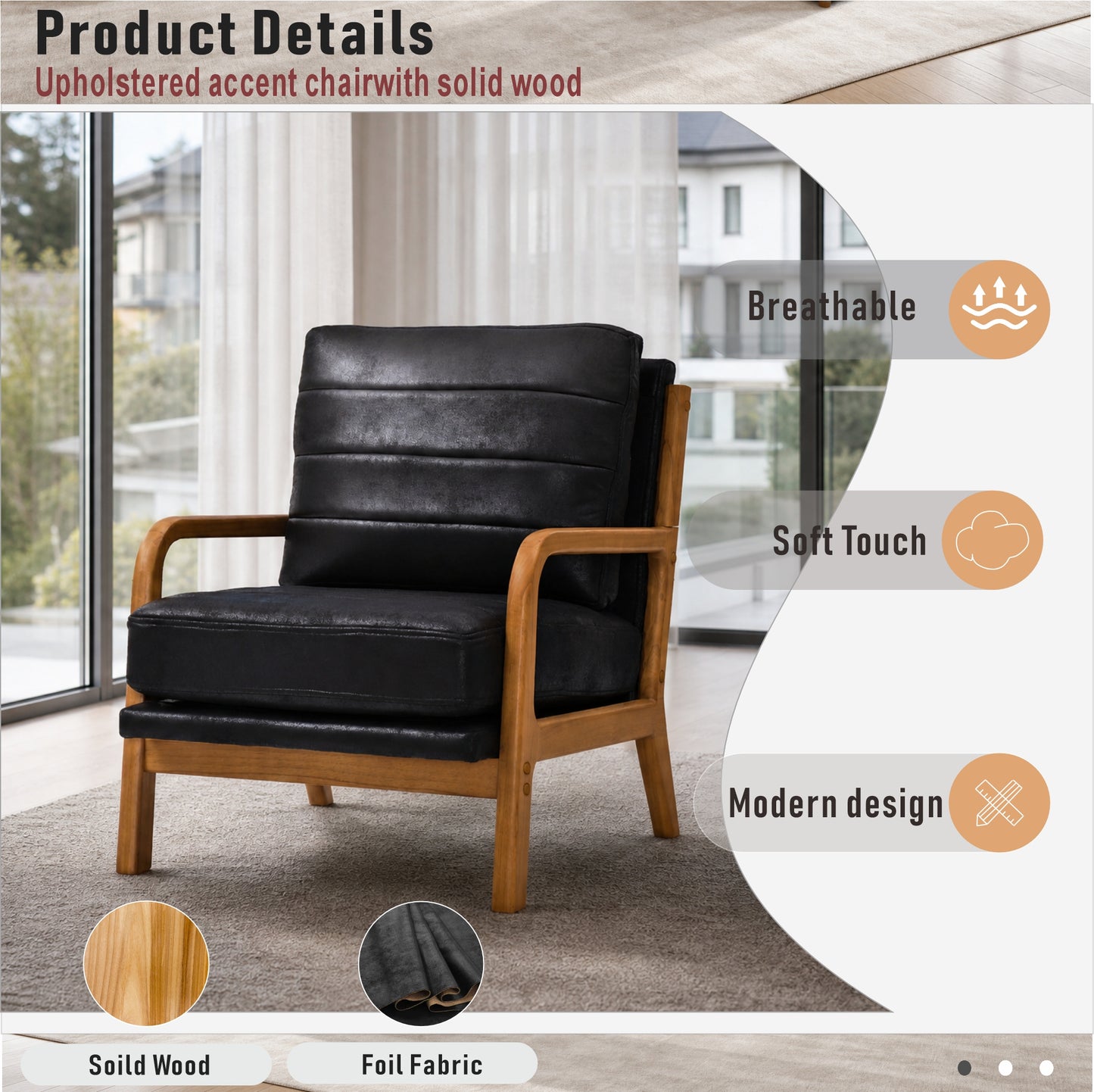 Mid-Century Modern Black Foil Fabric Wood Armchair