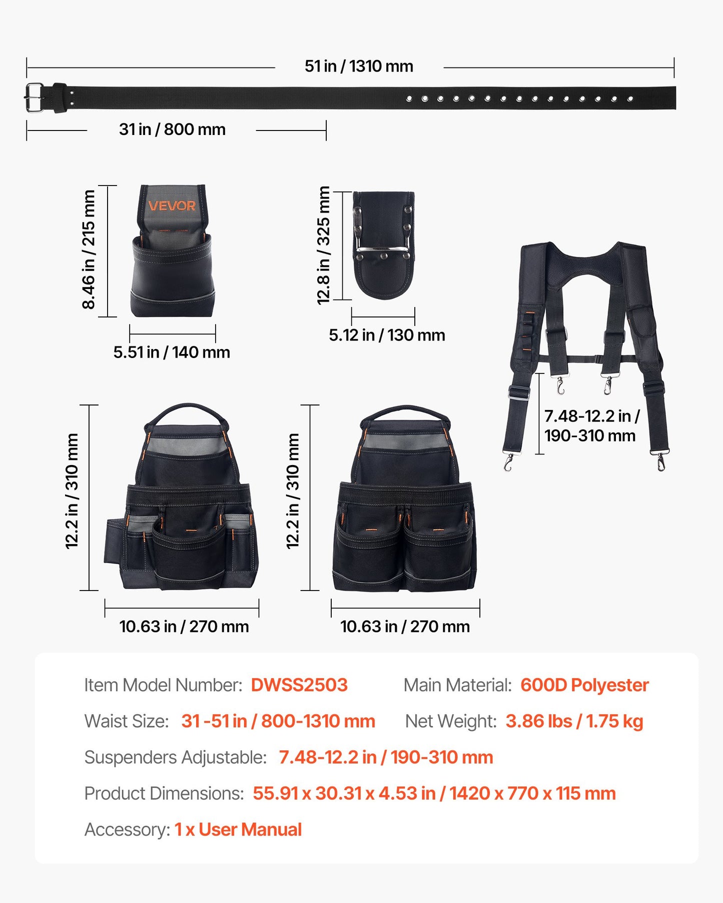 Heavy Duty Tool Belt with 19 Pockets for Construction & Carpentry - Adjustable Waist 31-51in