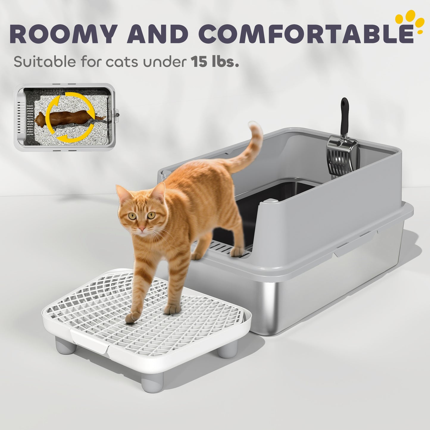 Extra Large Stainless Steel Cat Litter Box with Scoop & Pad - Anti-Leak & Easy Clean