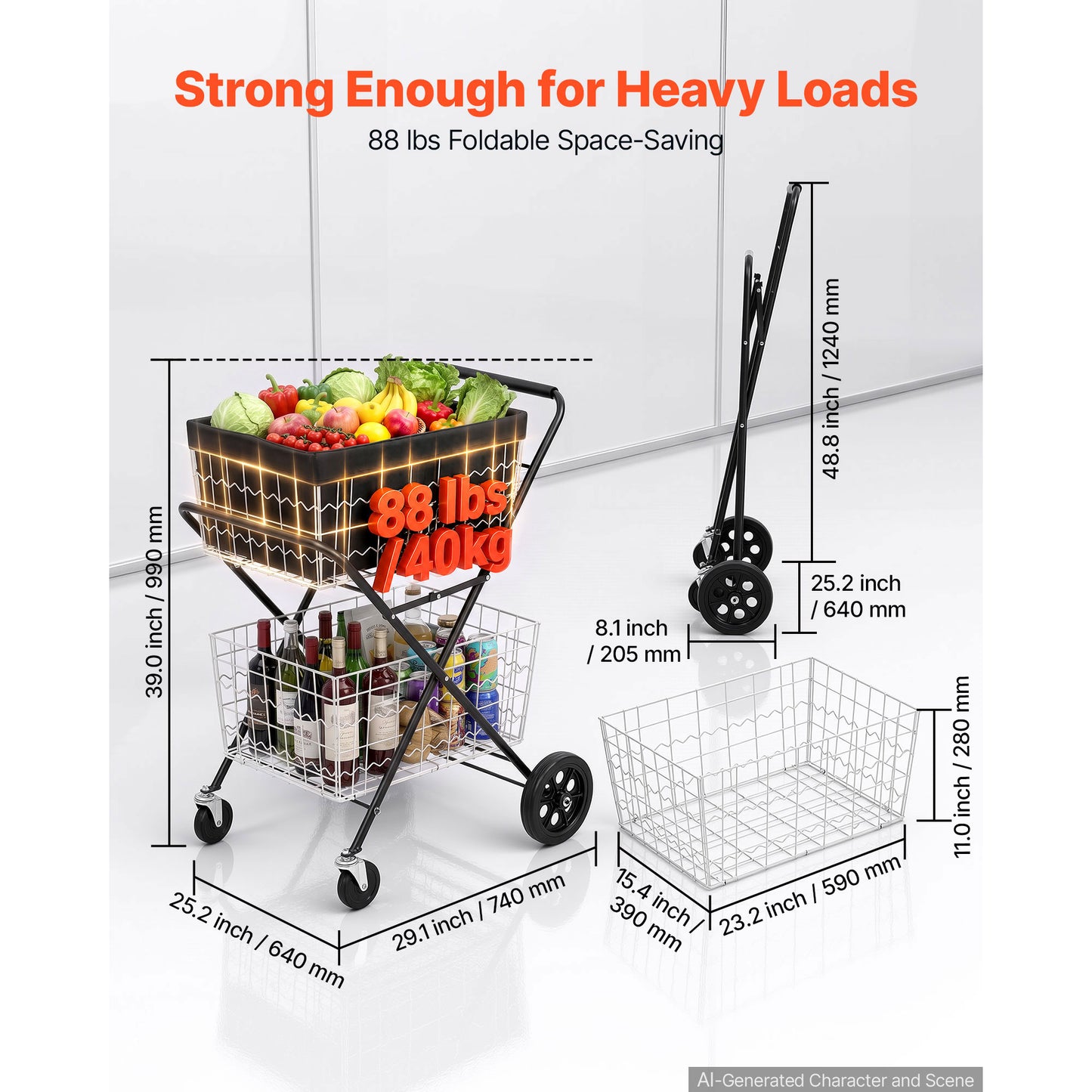 Heavy Duty Foldable 2-Tier Shopping Cart with Wheels & Detachable Baskets