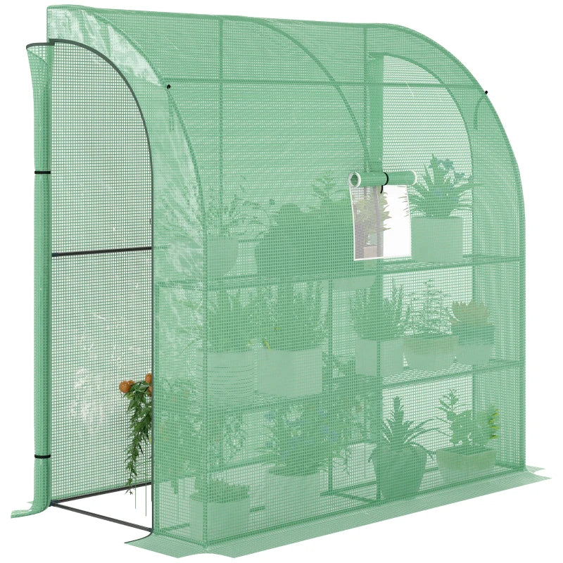 Lean To Greenhouse with Shelves - Walk-In Plant Nursery, Green PE Cover