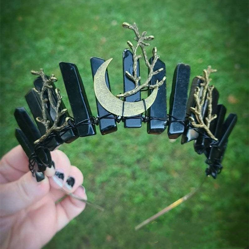 Natural Obsidian Hair Hoop with Crystal Accents - Elegant Hair Accessory