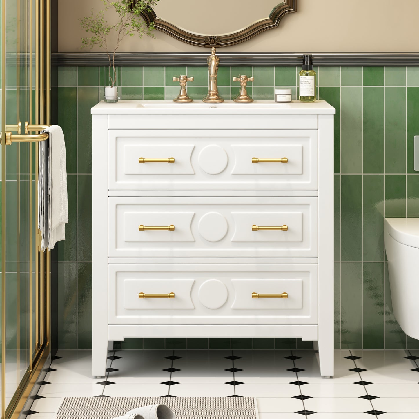 30'' White Bathroom Vanity with Ceramic Sink and 3 Drawers
