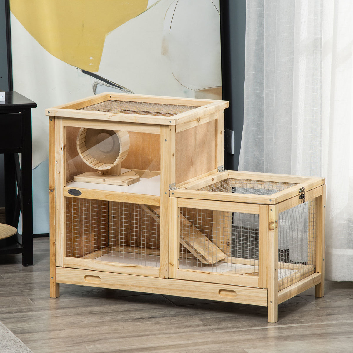 2-Tier Wooden Hamster Cage with Seesaw and Viewing Window - Small Animal Habitat