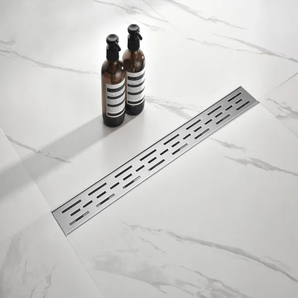 24 Inch Stainless Steel Shower Drain with Removable Brick Pattern Grate and Hair Strainer