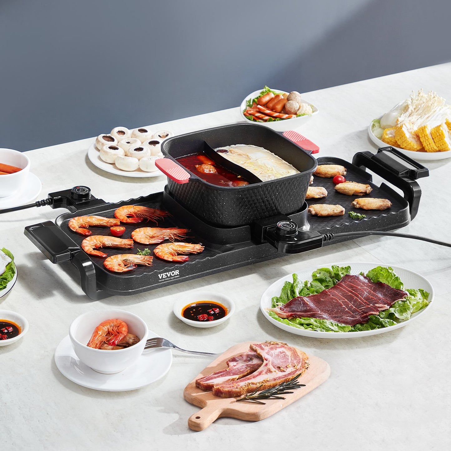 2300W Electric Hot Pot with Grill 2-in-1 Smokeless Cooking Pan - Black