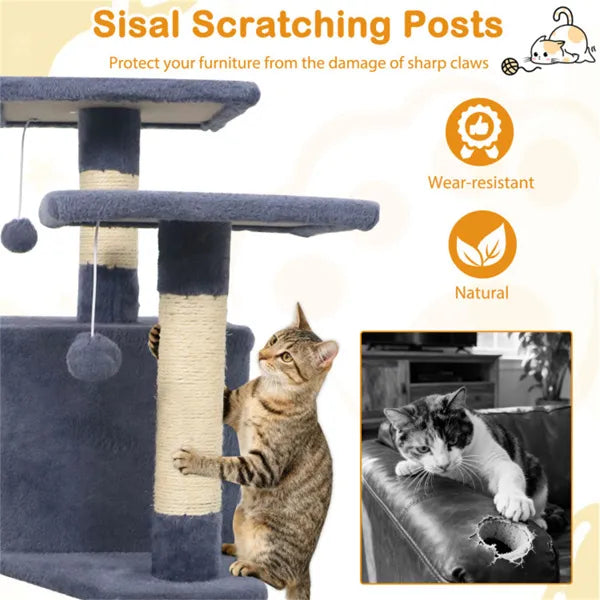 Multi-Level Cat Tree with Condos Hammock & Sisal Posts - Gray 57"