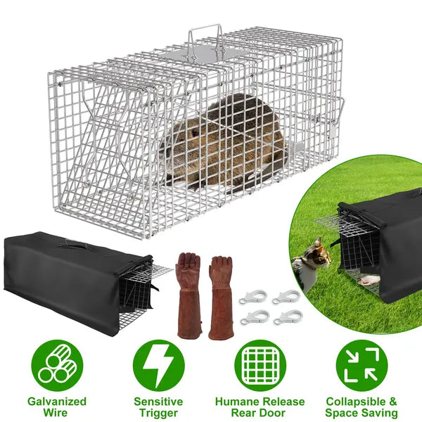 Humane Cat Trap Cage with Waterproof Cover - Collapsible Design