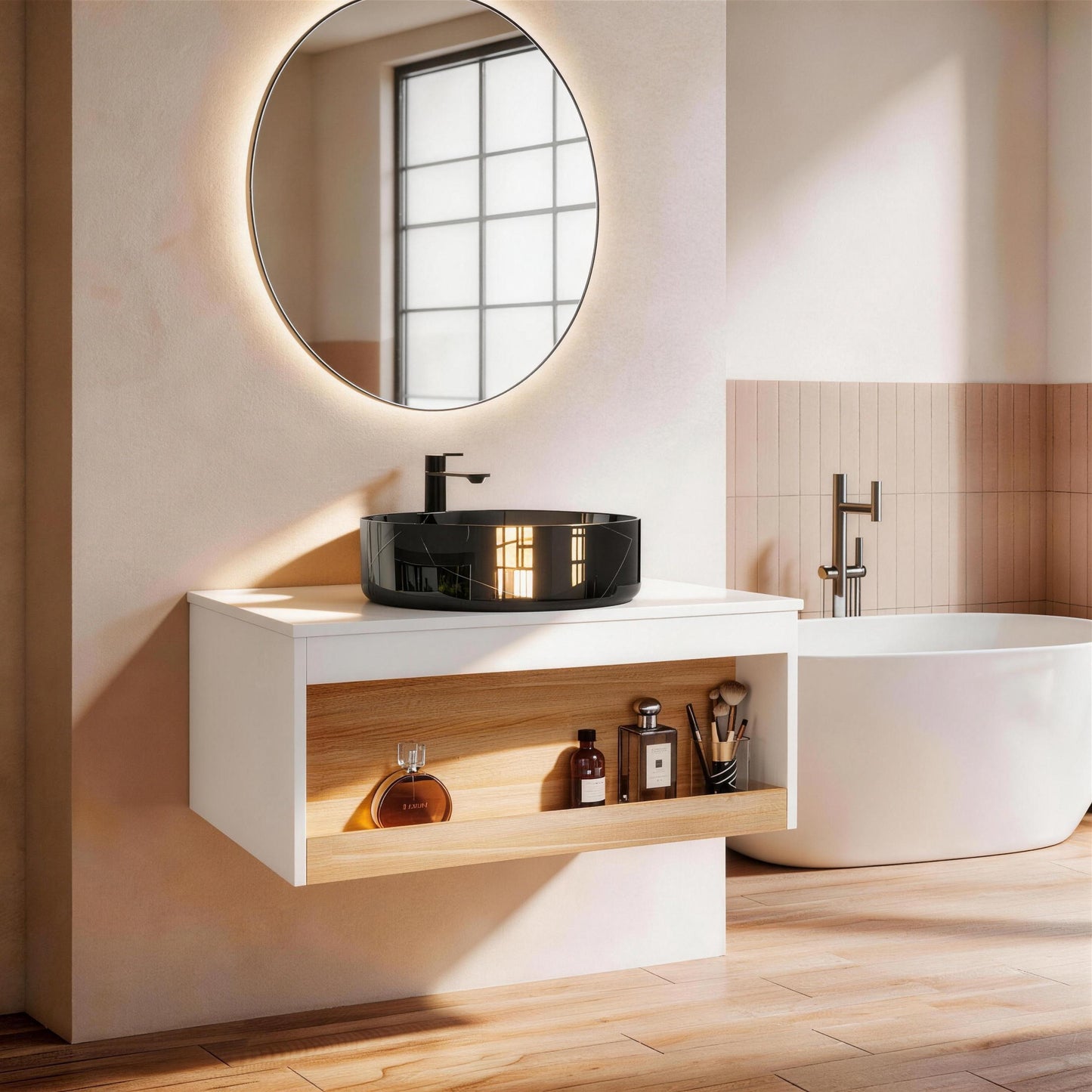 30" Floating Bathroom Vanity with Black Marble Vessel Sink