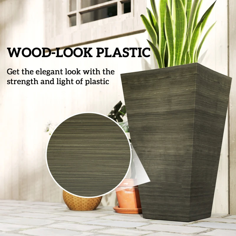 Tall Outdoor Planters Set of 3 - Self-Draining Faux Wood Style Gardening Pots