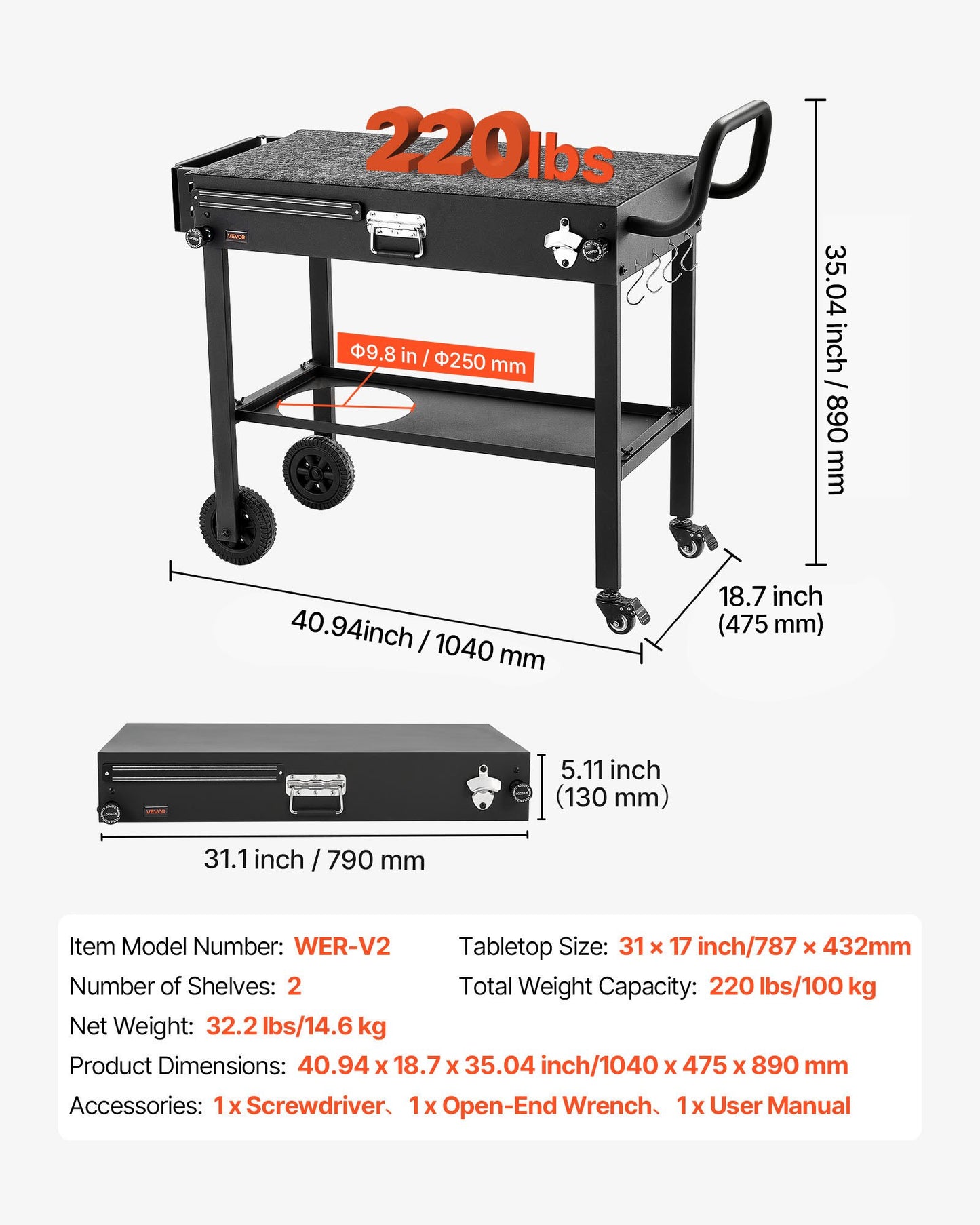 Foldable Outdoor Grill Cart with Magnetic Tool Rack and Tissue Holder - 31x17 Inch BBQ Prep Table