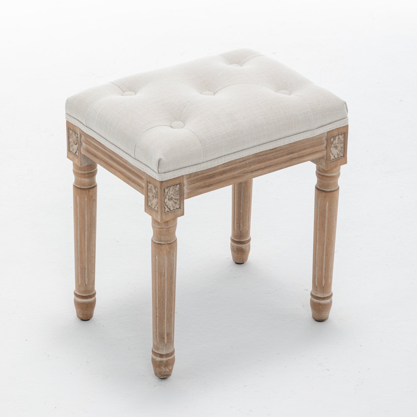 Tufted Vanity Stool with Linen Upholstery and Solid Wood Legs - Beige