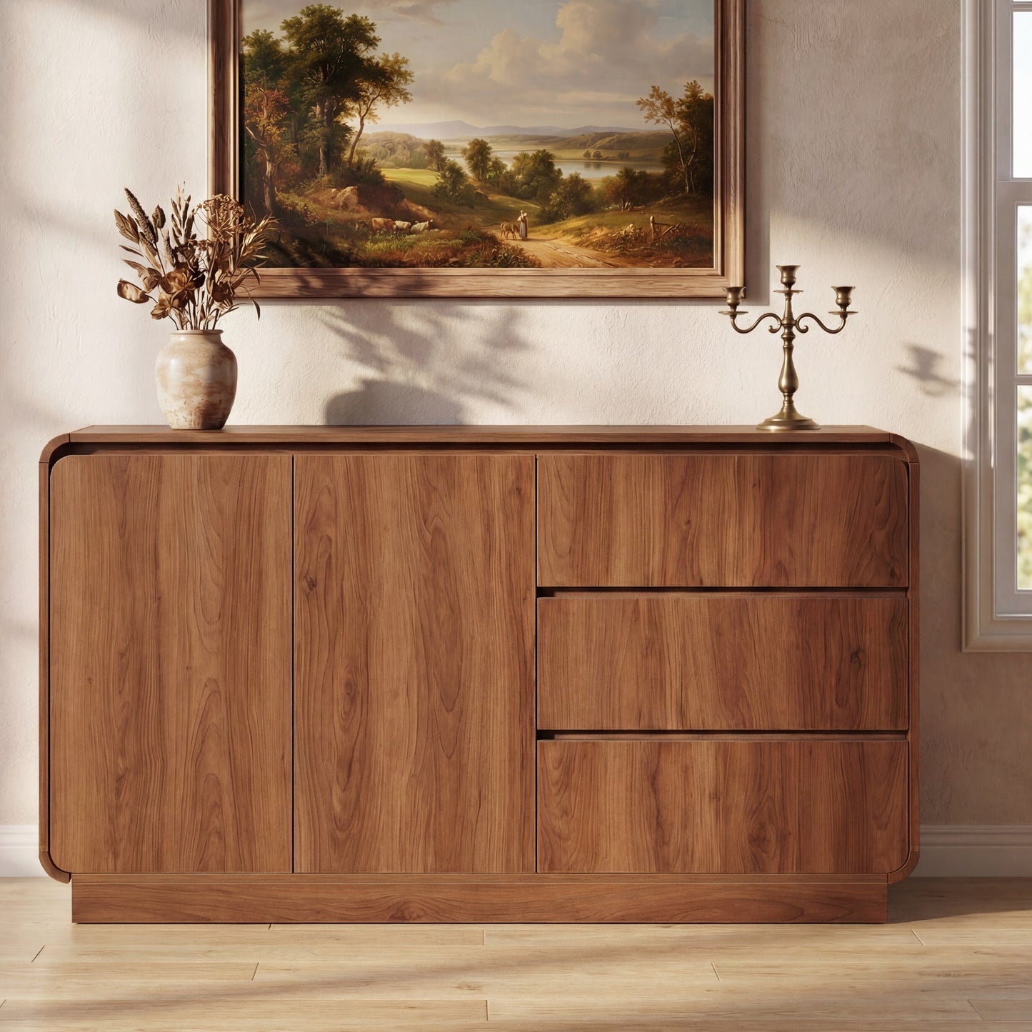 Modern Light Walnut Sideboard - 55.1" Storage Cabinet with 2 Doors & 3 Drawers