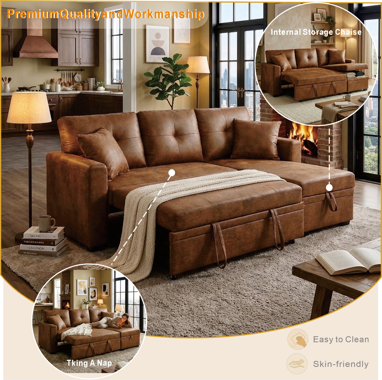Light Brown Sectional Sofa Bed with Reversible Chaise & Storage