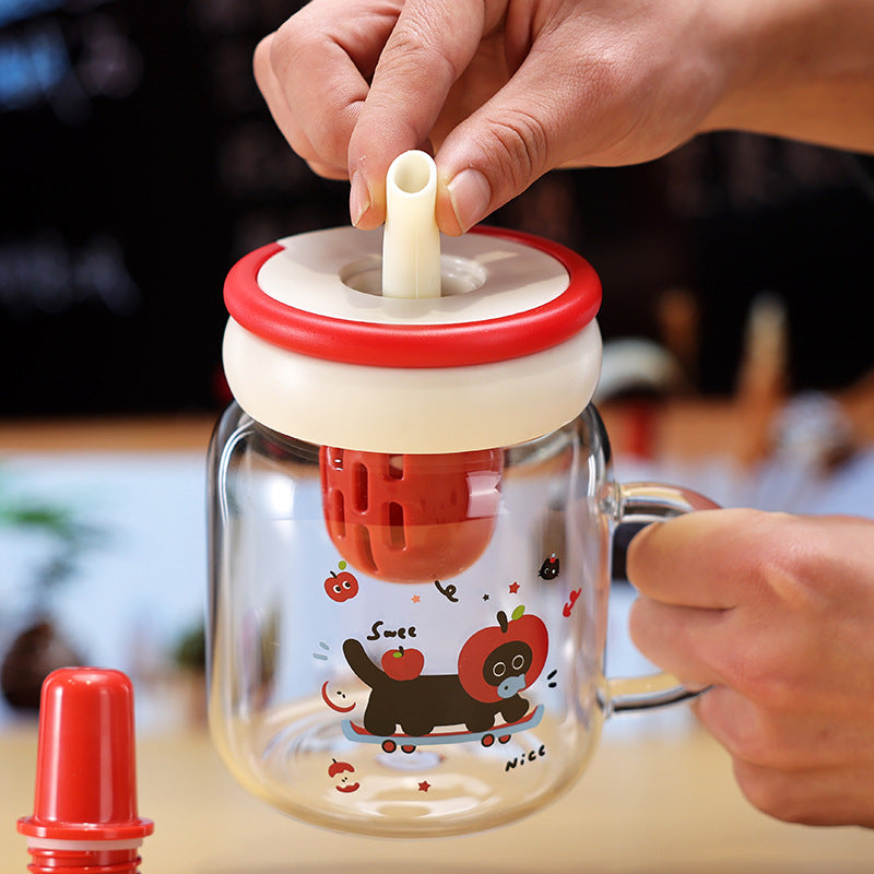 Cute Cat Water Cup with Handle - 600ML Glass Drinking Mug for Home