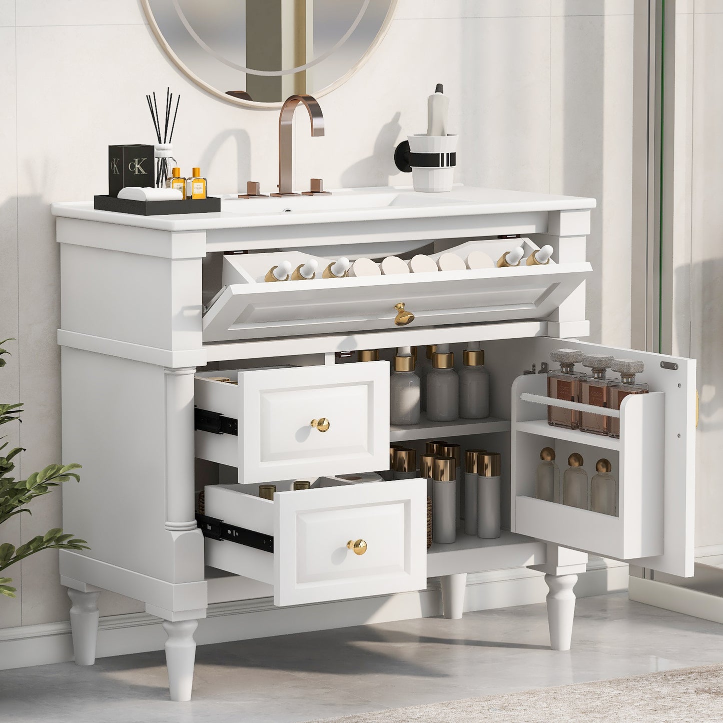 36" Bathroom Vanity with Sink - Freestanding Cabinet, White