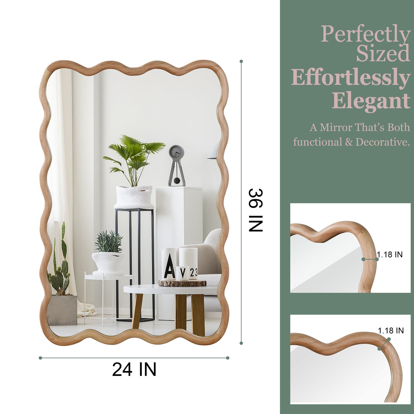 24"x36" Natural Wood Wavy Rectangle Decorative Mirror - Solid Wood Frame